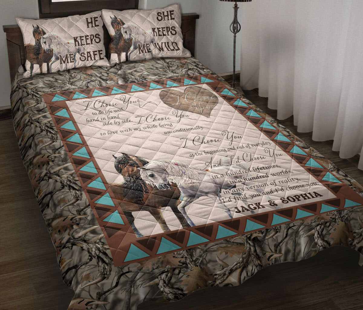 Personalized Horse Quilt Bedding Set, Horse Couple I Choose You Anniversary Couple Quilt Blanket With Pillowcases, Custom Name Duvet Cover Set