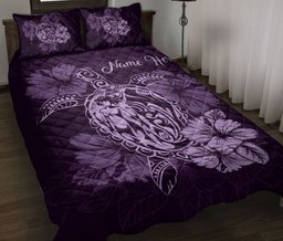 Personalized Turtle Quilt Bedding Set, Turtle Purple Hibisc USFlower Floral Polynesia Quilt Blanket With Pillowcases, Duvet Cover Set