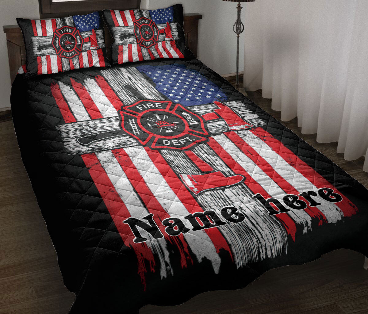 Personalized Firefighter Quilt Bedding Set, Firefighter Cross Thin Red Line US Flag Quilt Blanket With Pillowcases, Custom Name Duvet Cover Set