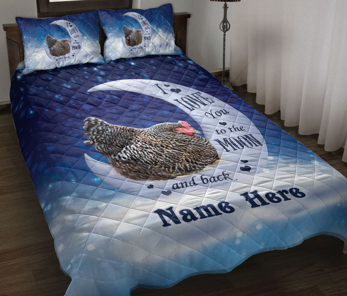 Personalized Chicken Quilt Bedding Set, Chicken I Love You To The Moon & Back Farm Quilt Blanket With Pillowcases, Custom Name Duvet Cover Set