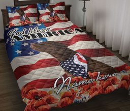 Personalized Labrador Retriever Quilt Bedding Set, Chocolate Labrador Dog God Bless US Flag Quilt Blanket With Pillowcases, Duvet Cover Set