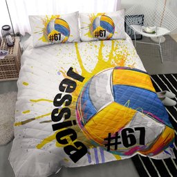 Personalized Volleyball Quilt Bedding Set, Volleyball Ball Watercolor White Quilt Blanket With Pillowcases, Duvet Cover Set