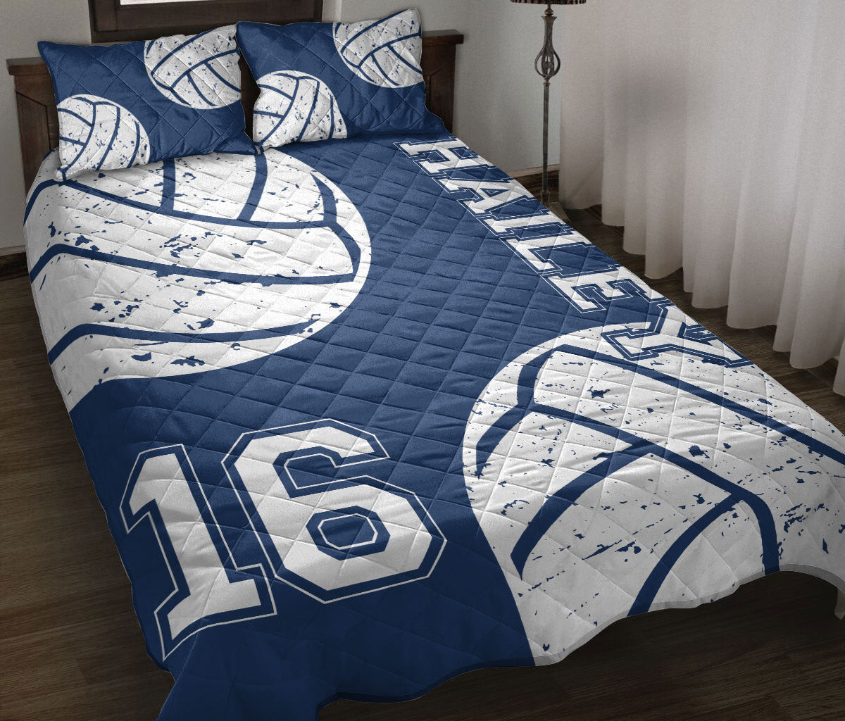 Personalized Volleyball Quilt Bedding Set, Volleyball Ball Blue Quilt Blanket With Pillowcases, Custom Name Duvet Cover Set
