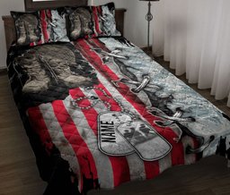 Personalized Veteran Quilt Bedding Set, Veteran Boots Soldier Backpack Boost Army Quilt Blanket With Pillowcases, Custom Name Duvet Cover Set