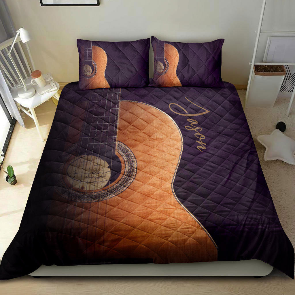 Personalized Guitar Quilt Bedding Set, Aco Ustic Guitar Guitarist MusicTheme Quilt Blanket With Pillowcases, Custom Name Duvet Cover Set