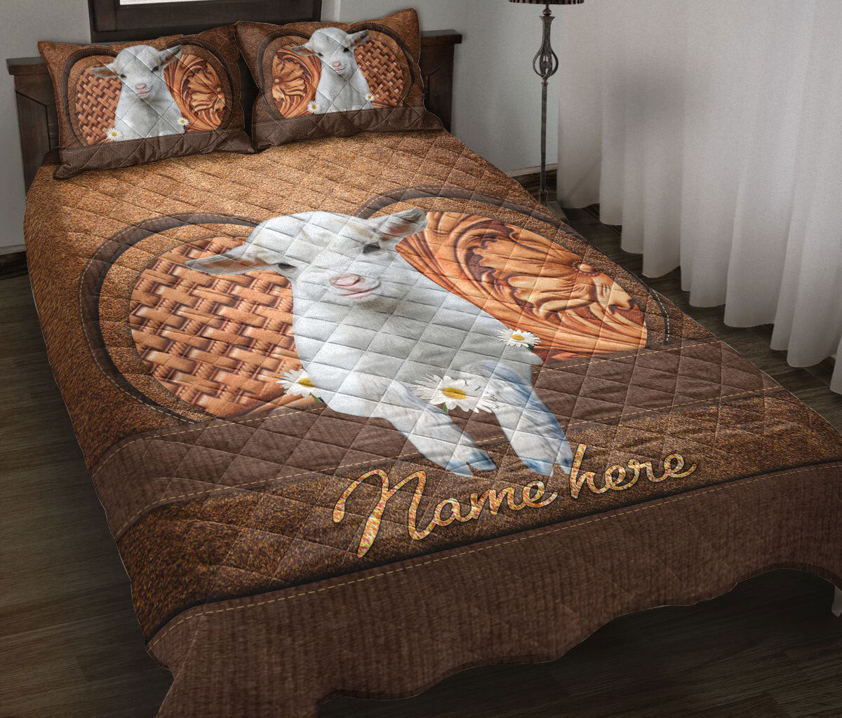 Personalized Goat Quilt Bedding Set, White Baby Goat Daisy Farm Farmer Quilt Blanket With Pillowcases, Custom Name Duvet Cover Set