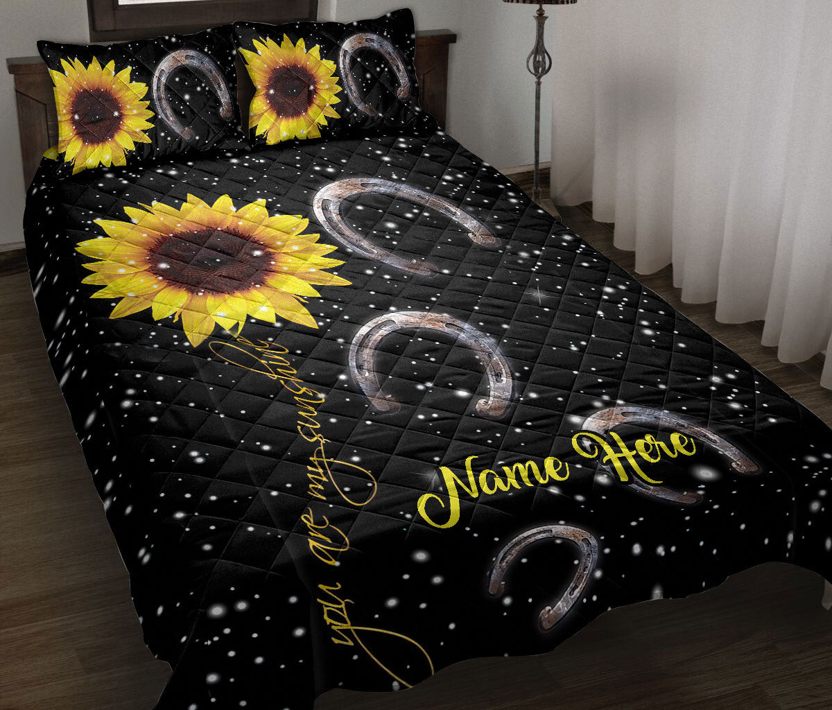 Personalized Cowboy Quilt Bedding Set, Western Cowgirl Cowboy Hat Horseshoe Flower Floral Quilt Blanket With Pillowcases, Duvet Cover Set