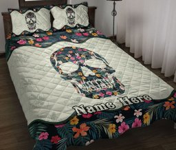 Personalized Skull Quilt Bedding Set, Skull Floral Quilt Blanket With Pillowcases, Custom Name Duvet Cover Set
