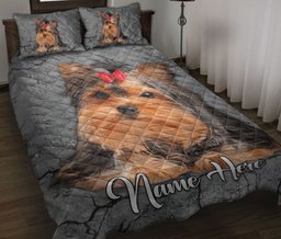 Personalized Yorkshire Quilt Bedding Set, Yorkshire Terrier Crack Gray Sliver Quilt Blanket With Pillowcases, Custom Name Duvet Cover Set