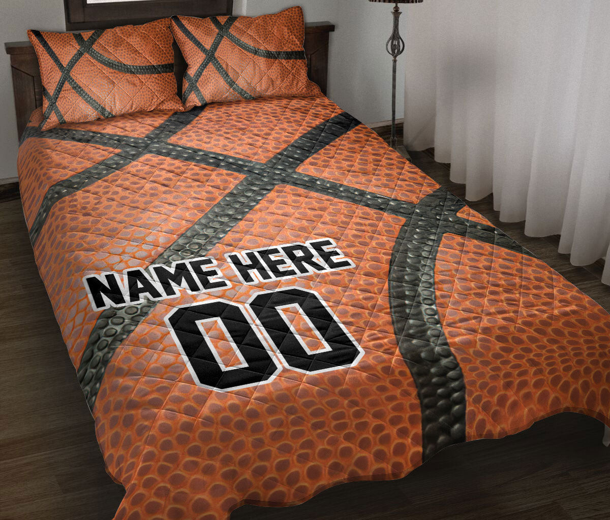 Personalized Basketball Quilt Bedding Set, Basketball Orange Balls Quilt Blanket With Pillowcases, Custom Name Duvet Cover Set
