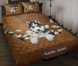 Personalized Husky Quilt Bedding Set, Siberian Husky Puppies Dog Daisy Floer Quilt Blanket With Pillowcases, Custom Name Duvet Cover Set