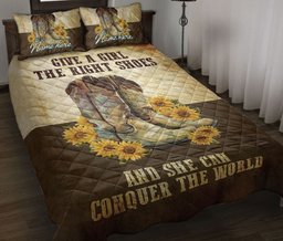 Personalized Cowgirl Quilt Bedding Set, Vintage Yellow Cowgirl Boost Sunflower Horse Quilt Blanket With Pillowcases, Custom Name Duvet Cover Set