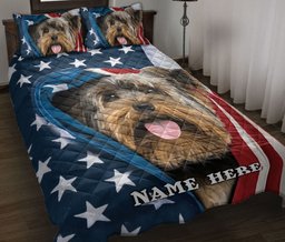 Personalized Yorkshire Quilt Bedding Set, Yorkshire Terrier Yorkie Patriot American US Flag Quilt Blanket With Pillowcases, Duvet Cover Set