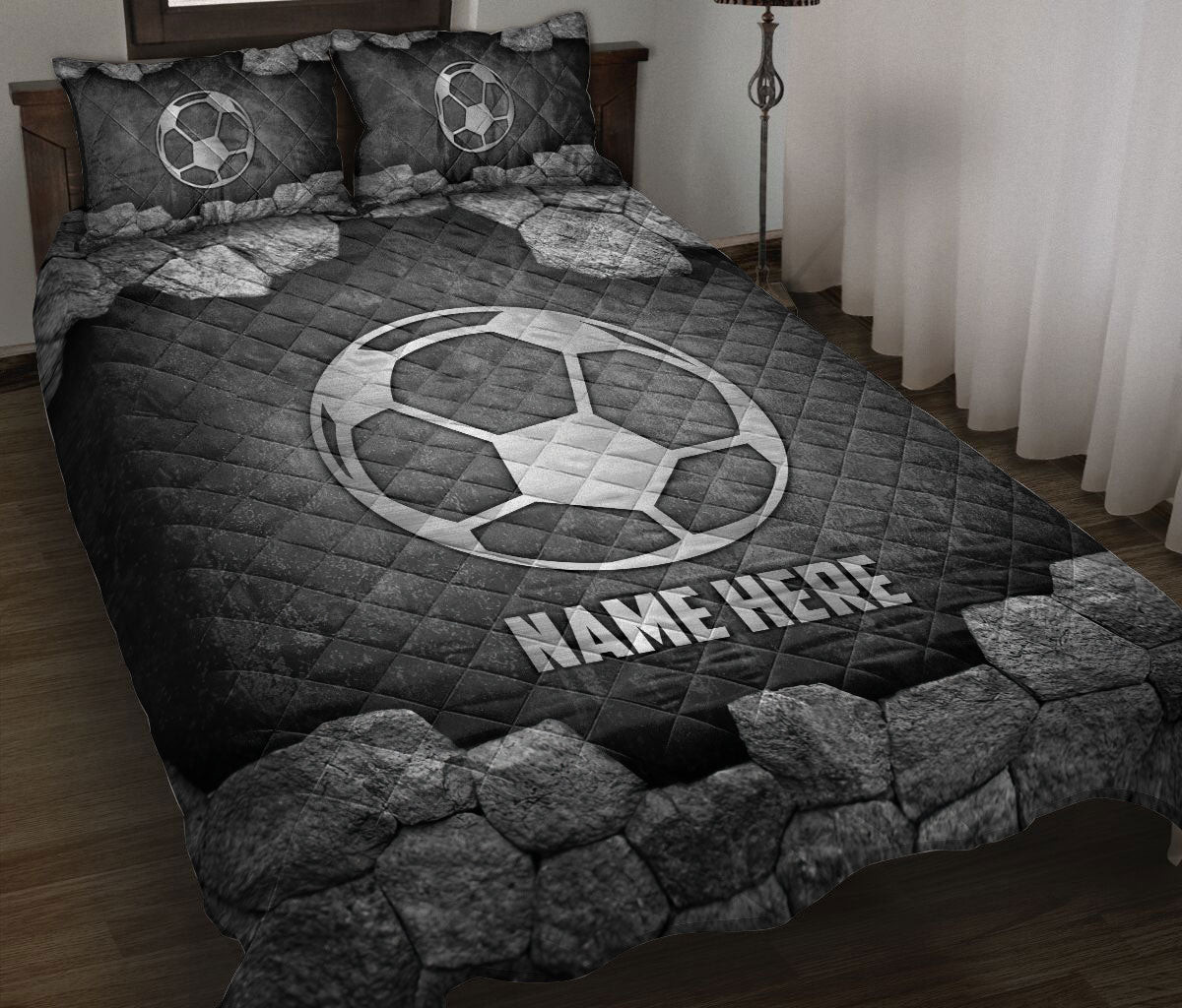 Personalized Soccer Quilt Bedding Set, Soccer Ball Stone Metal Silver Quilt Blanket With Pillowcases, Custom Name Duvet Cover Set