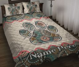 Personalized Dog Quilt Bedding Set, Dog Cat Paw Mandala Floral Quilt Blanket With Pillowcases, Custom Name Duvet Cover Set