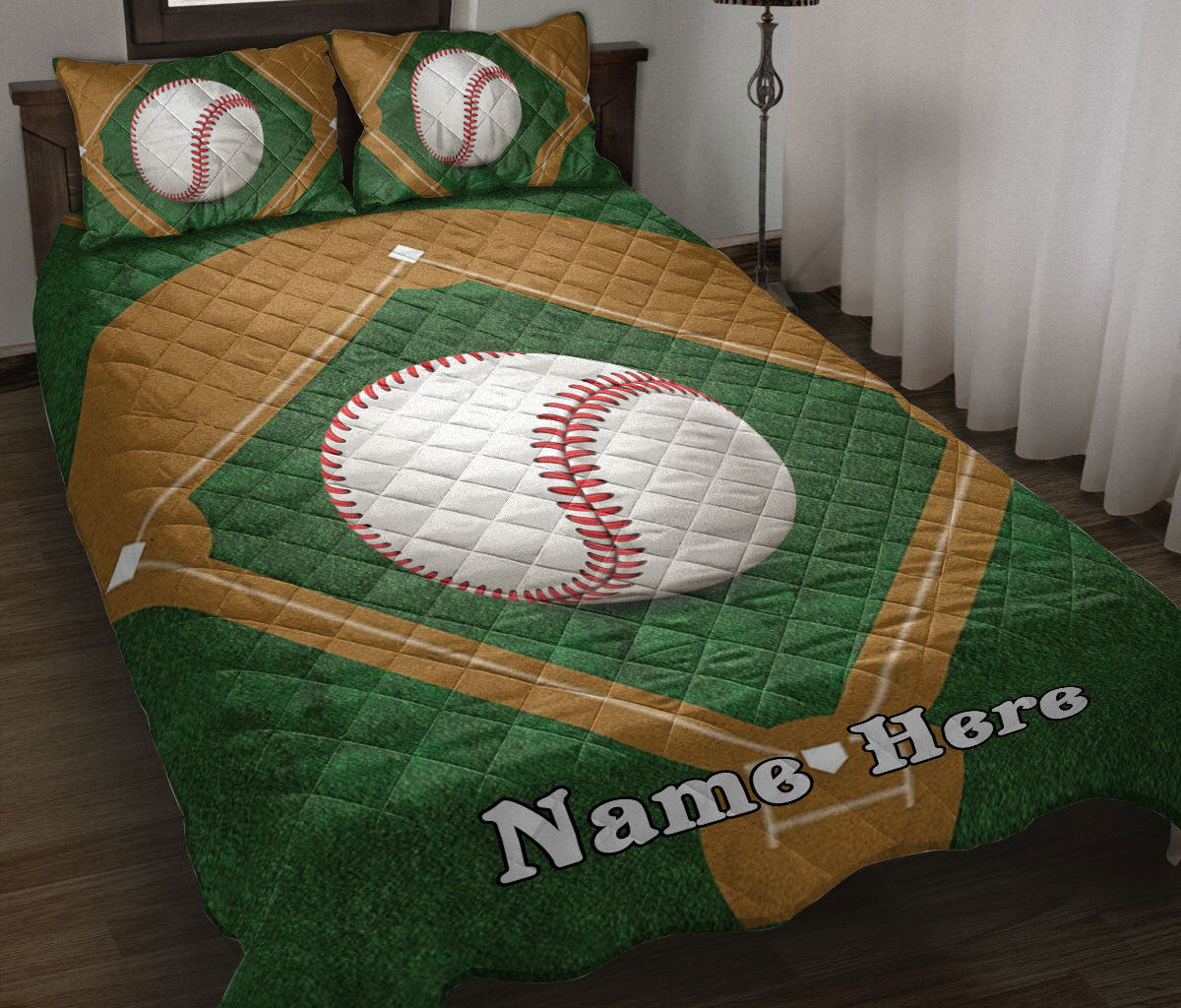 Personalized Baseball Quilt Bedding Set, Baseball Ball Field Quilt Blanket With Pillowcases, Custom Name Duvet Cover Set, Sports Gifts