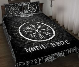 Personalized Viking Quilt Bedding Set, Viking Vegvisir Runic Rune Black Norse Nordic Quilt Blanket With Pillowcases, Custom Name Duvet Cover Set