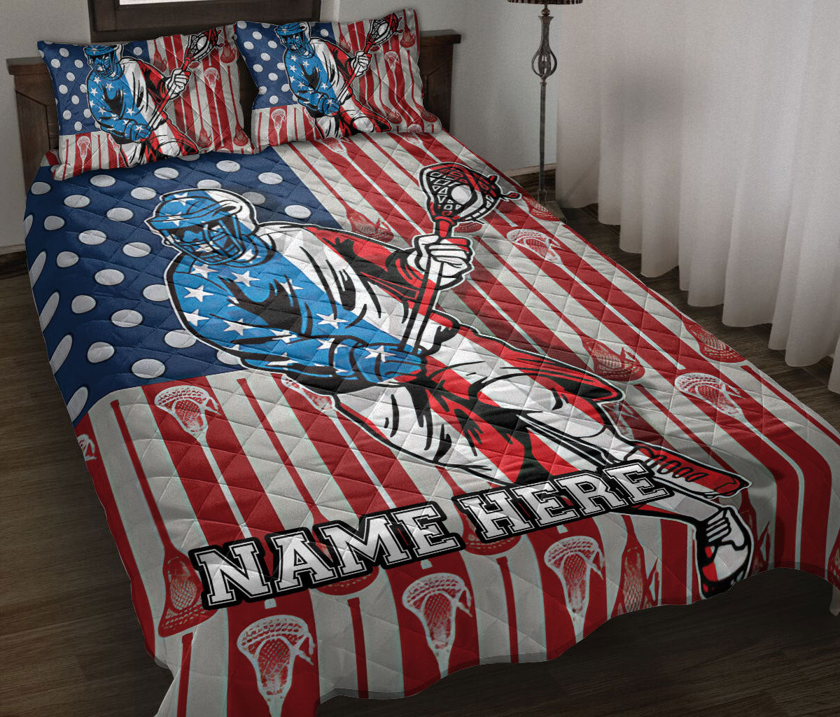 Personalized Lacrosse Quilt Bedding Set, Lacrosse US Flag Quilt Blanket With Pillowcases, Custom Name Duvet Cover Set