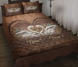 Personalized Quilt Bedding Set, Swan Couples Couples Husband Wife Quilt Blanket With Pillowcases, Custom Name Duvet Cover Set
