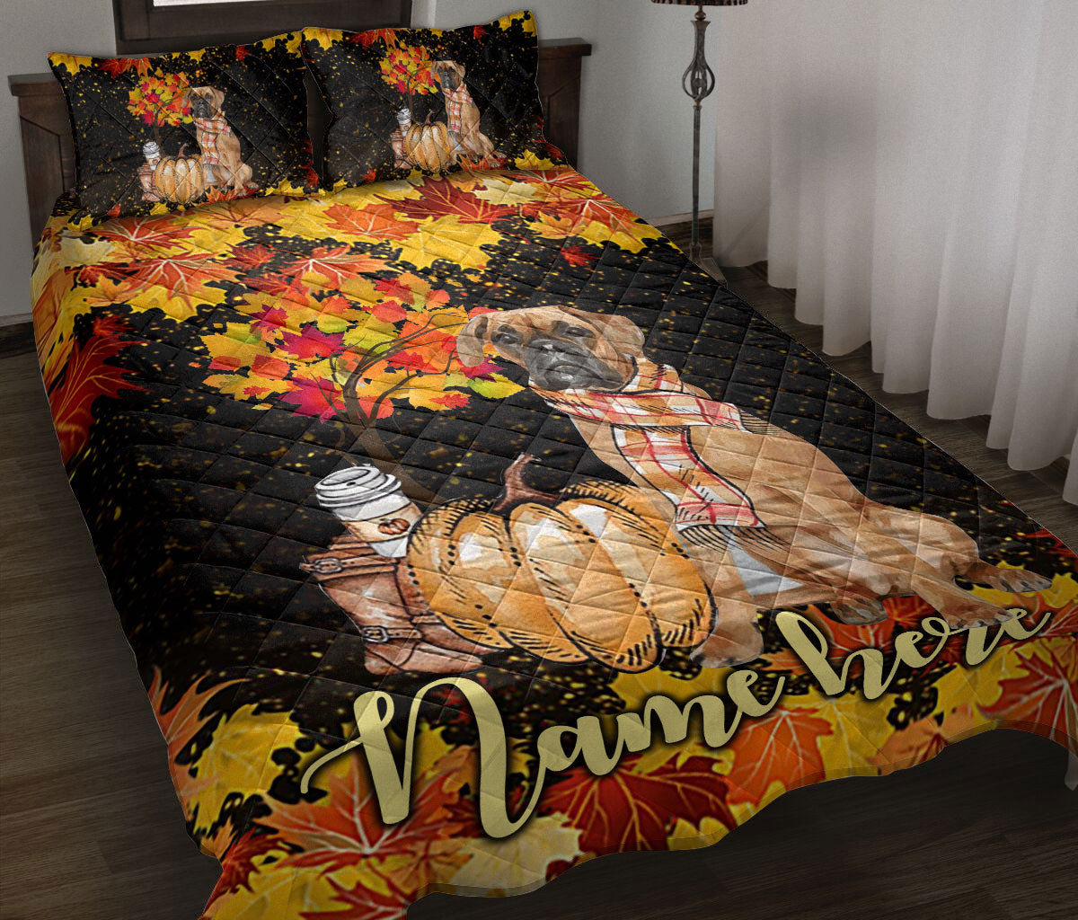Personalized Boxer Quilt Bedding Set, Boxer Dog Pumpkin Welcome Autumn Happy Fall Y'All Quilt Blanket With Pillowcases, Duvet Cover Set