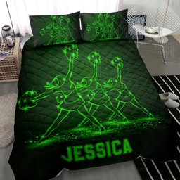 Personalized Cheerleading Quilt Bedding Set, Cheerleading Cheerleader Girl Team Green Quilt Blanket With Pillowcases, Duvet Cover Set