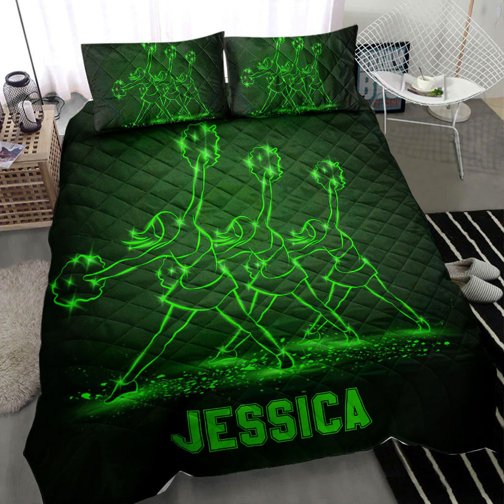 Personalized Cheerleading Quilt Bedding Set, Cheerleading Cheerleader Girl Team Green Quilt Blanket With Pillowcases, Duvet Cover Set