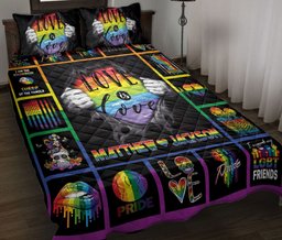 Personalized LGBTQuilt Bedding Set, Patchwork LGBTPride Love Is Love Quilt Blanket With Pillowcases, Custom Name Duvet Cover Set