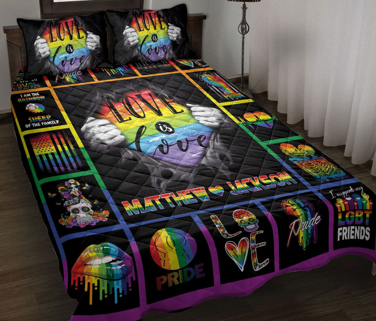 Personalized LGBTQuilt Bedding Set, Patchwork LGBTPride Love Is Love Quilt Blanket With Pillowcases, Custom Name Duvet Cover Set