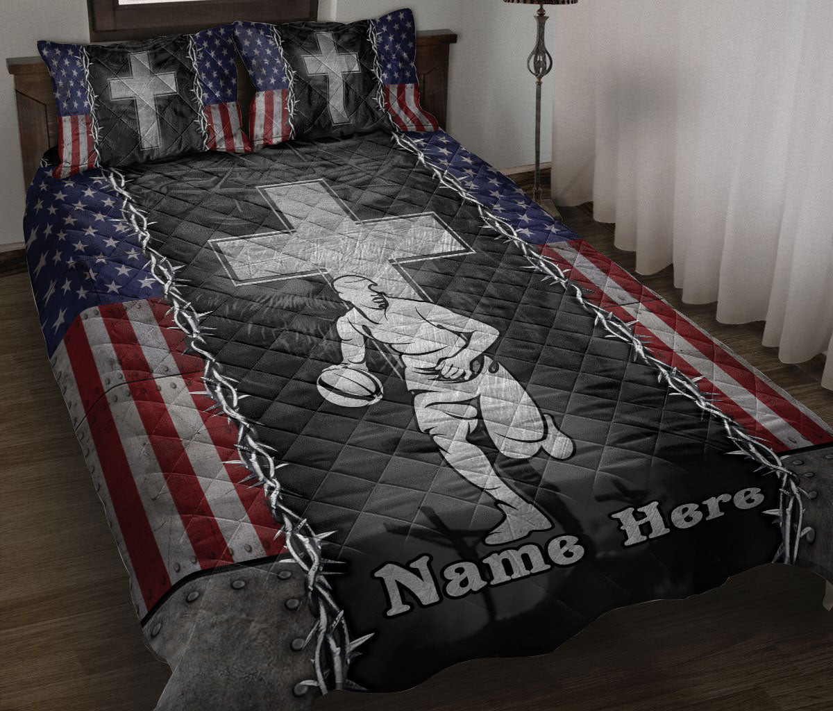 Personalized Basketball Quilt Bedding Set, Basketballian JesusCross American US Flag Quilt Blanket With Pillowcases, Duvet Cover Set