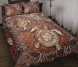 Personalized Turtle Quilt Bedding Set, Turtle Floral Turtle Quilt Blanket With Pillowcases, Custom Name Duvet Cover Set
