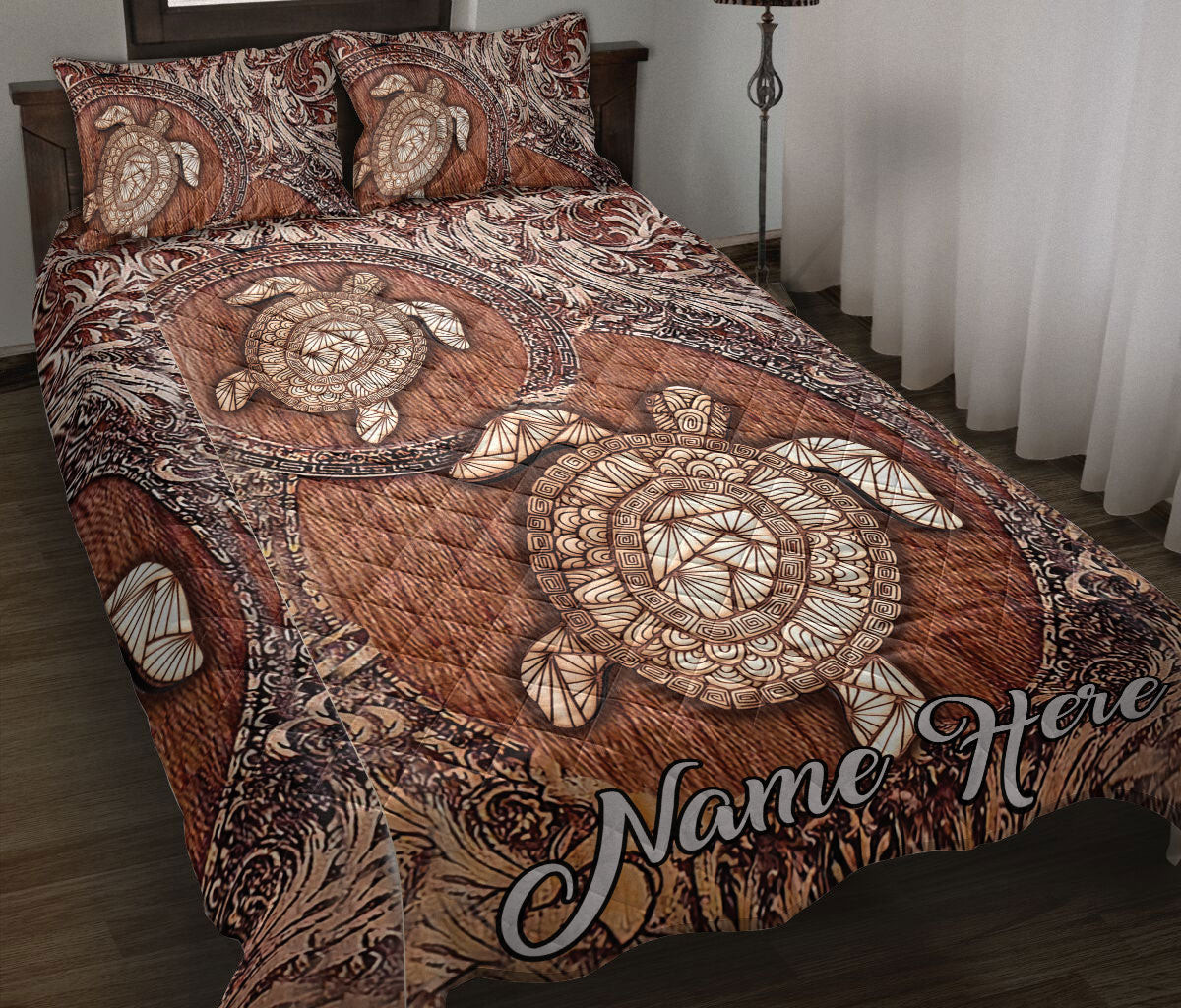 Personalized Turtle Quilt Bedding Set, Turtle Floral Turtle Quilt Blanket With Pillowcases, Custom Name Duvet Cover Set