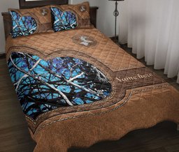 Personalized Hunting Quilt Bedding Set, Country Girl Deer Hunting Blue Deer Horn Quilt Blanket With Pillowcases, Custom Name Duvet Cover Set
