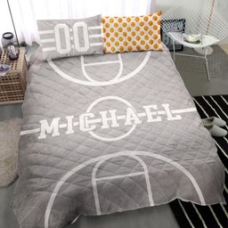 Personalized Basketball Quilt Bedding Set, Basketball Court Basketball Grey Quilt Blanket With Pillowcases, Duvet Cover Set
