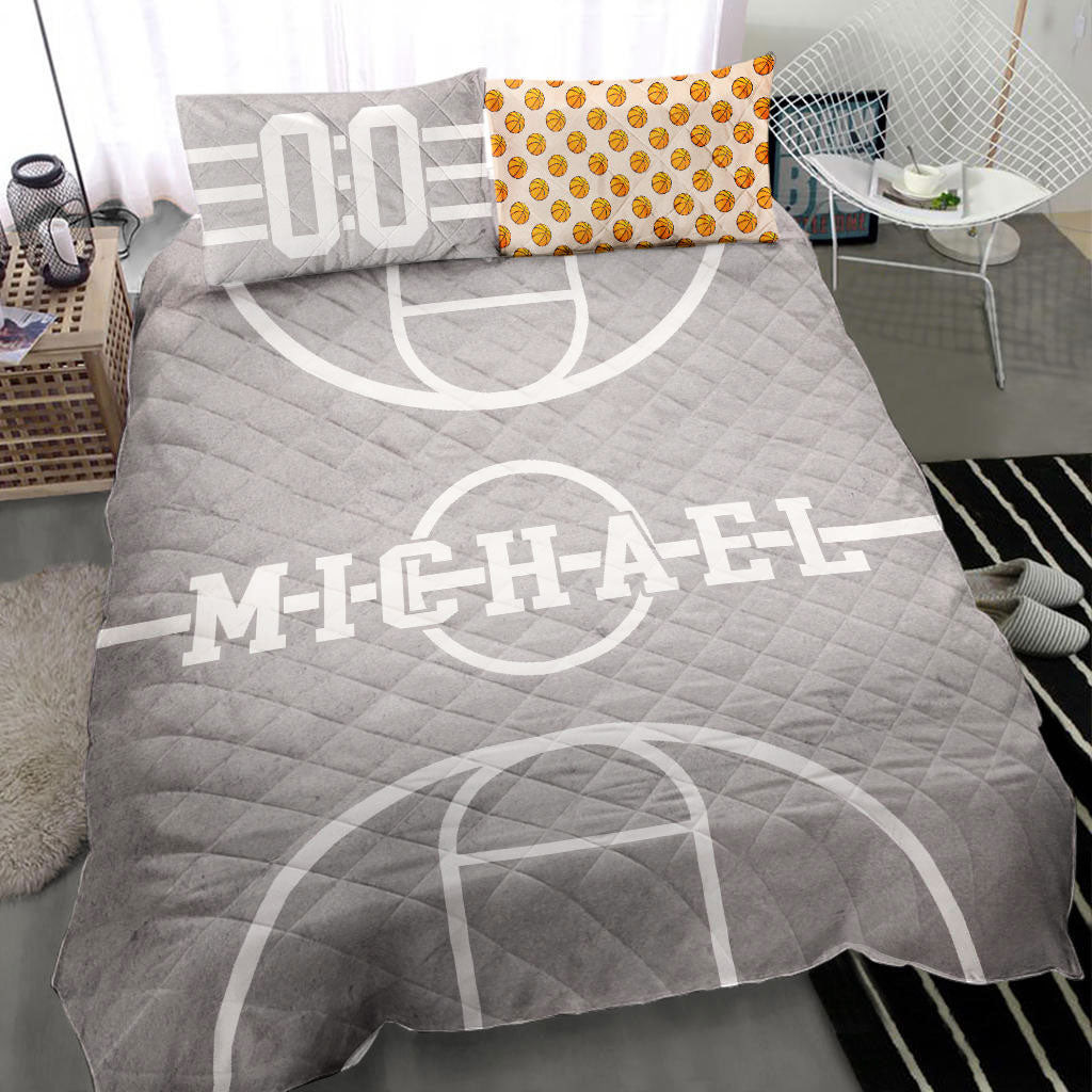 Personalized Basketball Quilt Bedding Set, Basketball Court Basketball Grey Quilt Blanket With Pillowcases, Duvet Cover Set