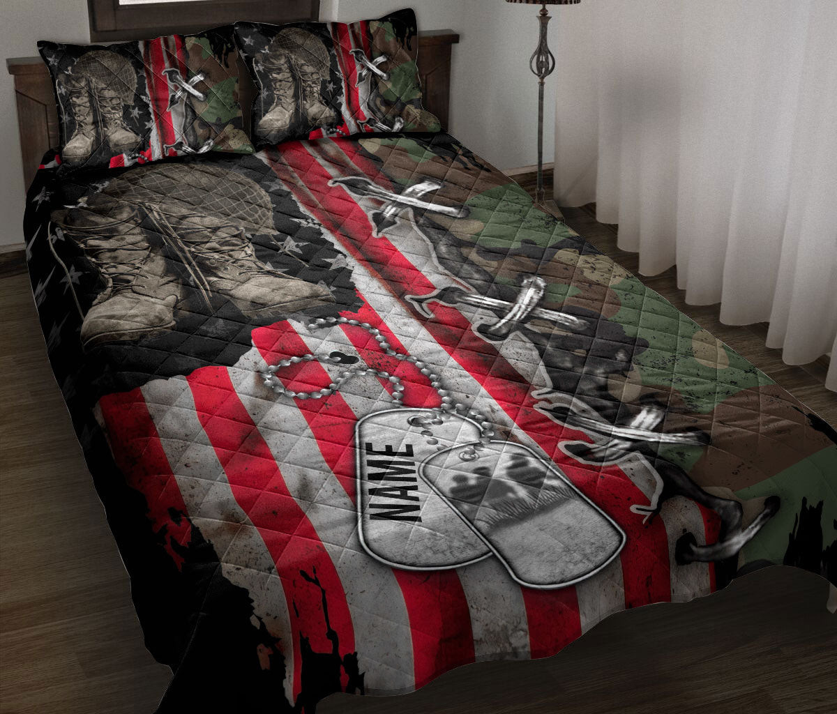 Personalized Veteran Quilt Bedding Set, Veteran Boots Soldier Backpack Boost Military Army Quilt Blanket With Pillowcases, Duvet Cover Set