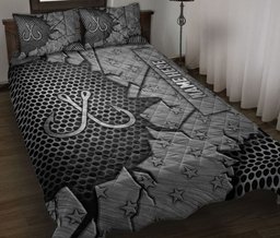 Personalized Fishing Quilt Bedding Set, Fishing Hook Crack Silver Quilt Blanket With Pillowcases, Custom Name Duvet Cover Set