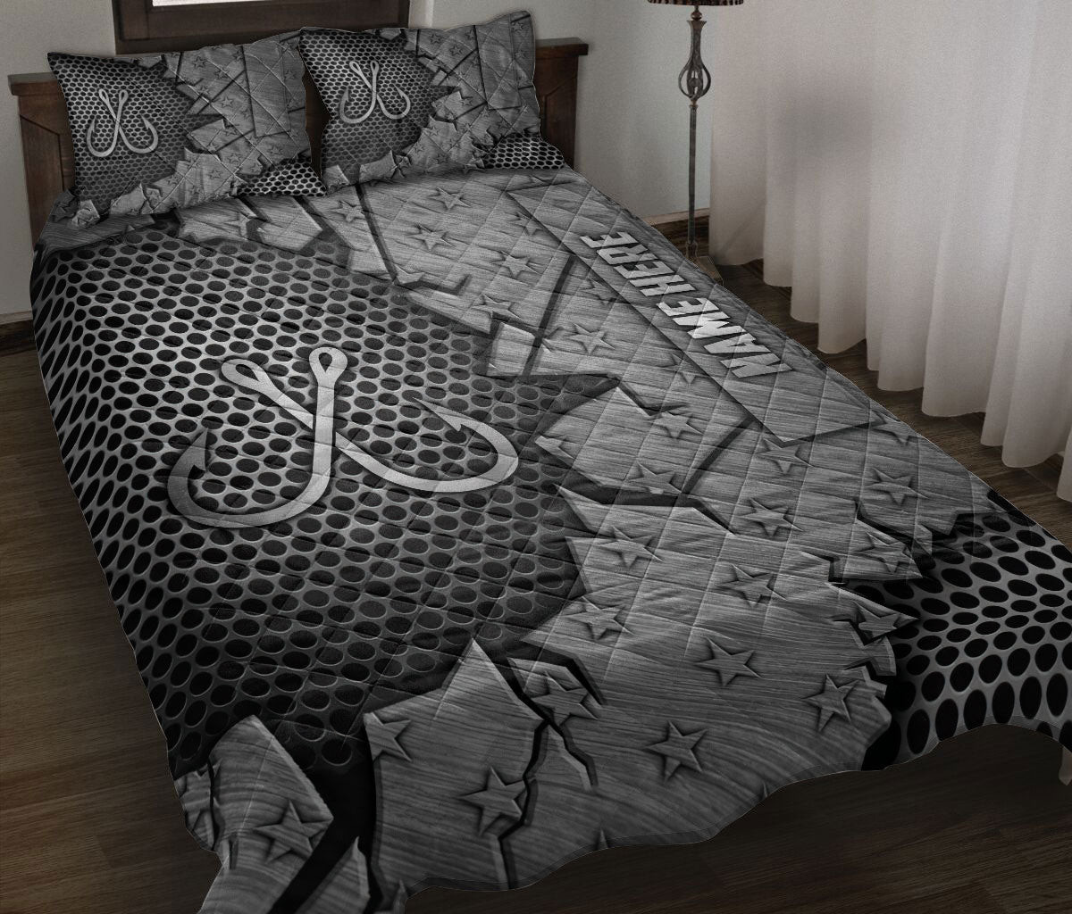 Personalized Fishing Quilt Bedding Set, Fishing Hook Crack Silver Quilt Blanket With Pillowcases, Custom Name Duvet Cover Set