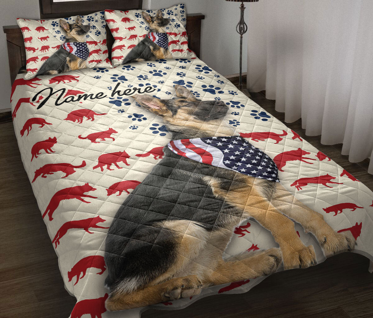 Personalized German Shepherd Quilt Bedding Set, American US Flag Patriotic Germen Shepherd Dog Quilt Blanket With Pillowcases, Duvet Cover Set