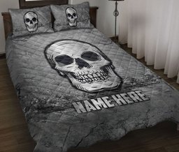 Personalized Skull Quilt Bedding Set, Skull Scratch Grays Quilt Blanket With Pillowcases, Custom Name Duvet Cover Set