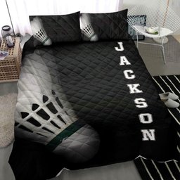 Personalized Badminton Quilt Bedding Set, Badminton Shuttlecock Black Quilt Blanket With Pillowcases, Custom Name Duvet Cover Set
