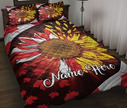 Personalized Canadian Quilt Bedding Set, Canada Flag Sunflower Canadian Maple Leaf Quilt Blanket With Pillowcases, Custom Name Duvet Cover Set