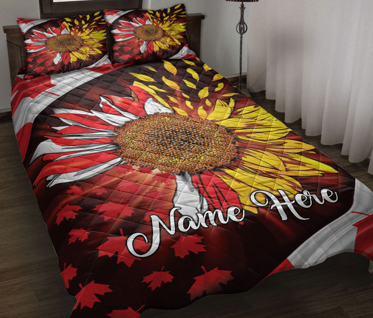 Personalized Canadian Quilt Bedding Set, Canada Flag Sunflower Canadian Maple Leaf Quilt Blanket With Pillowcases, Custom Name Duvet Cover Set