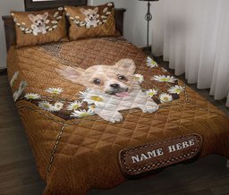 Personalized Chihuahua Quilt Bedding Set, Chihuahua Puppy Dog Daisy Flower Quilt Blanket With Pillowcases, Custom Name Duvet Cover Set