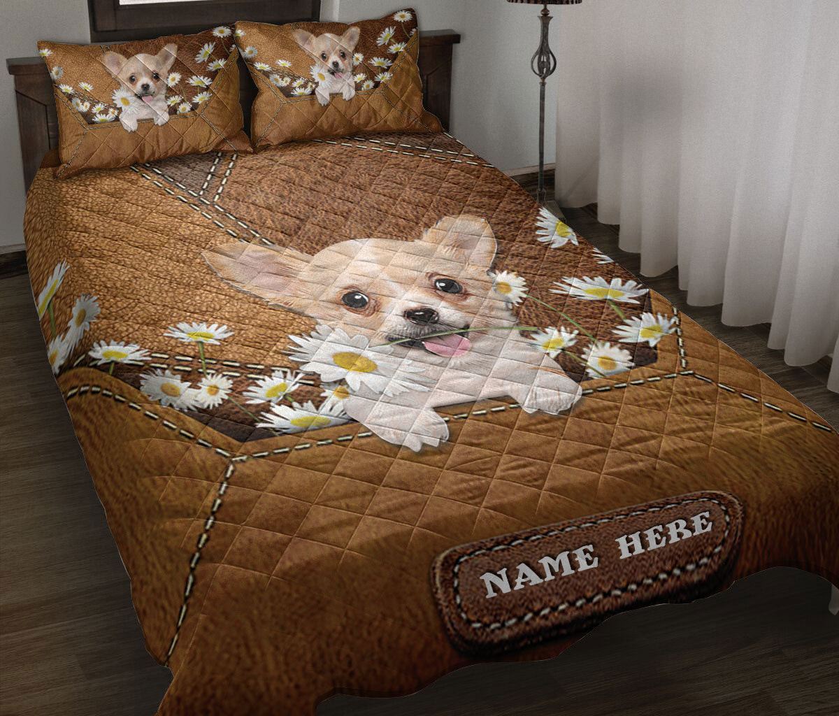 Personalized Chihuahua Quilt Bedding Set, Chihuahua Puppy Dog Daisy Flower Quilt Blanket With Pillowcases, Custom Name Duvet Cover Set
