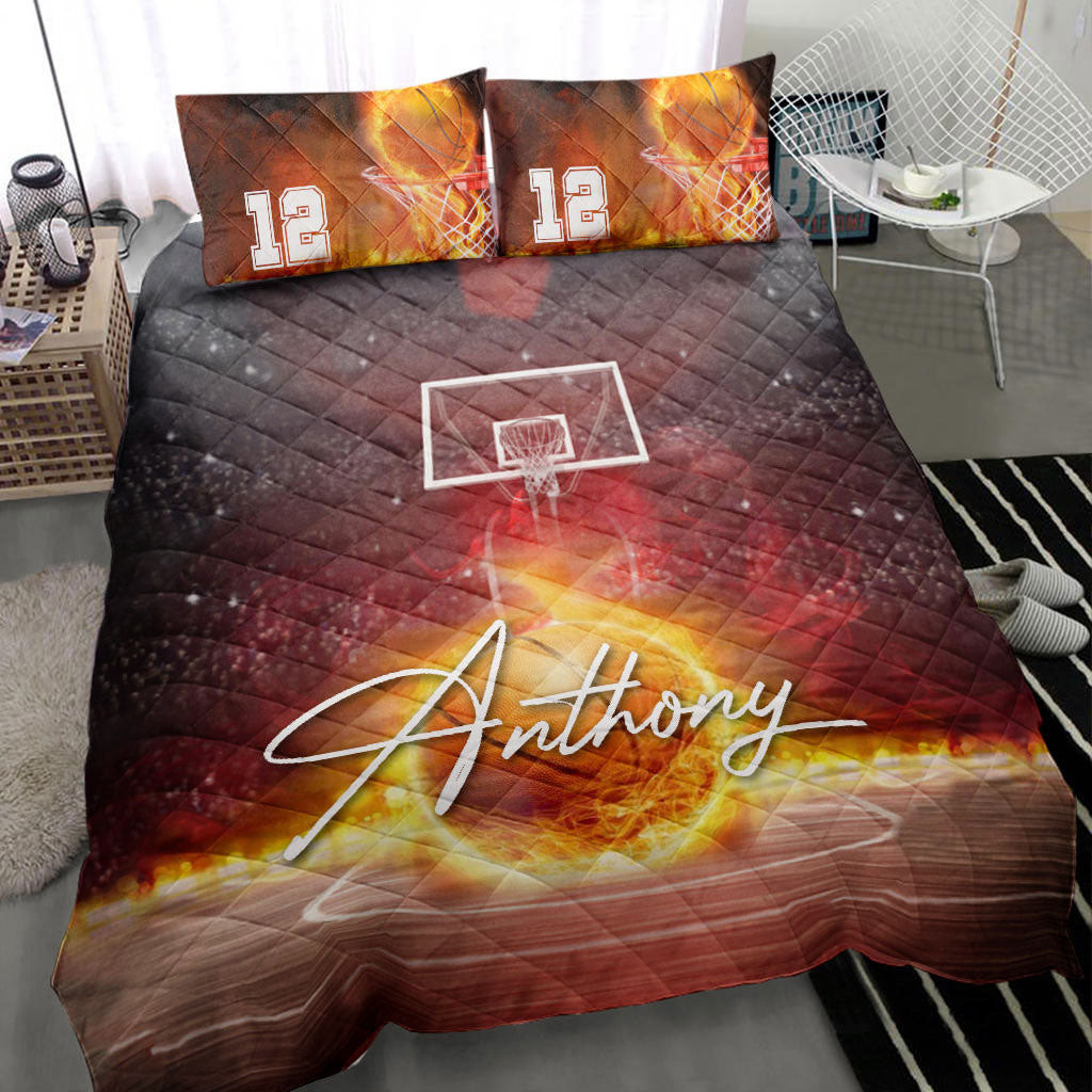 Personalized Basketball Quilt Bedding Set, Basketball Fire Ball Red Orange Quilt Blanket With Pillowcases, Duvet Cover Set