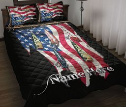 Personalized Fishing Quilt Bedding Set, Fishing Lure US Flag Quilt Blanket With Pillowcases, Custom Name Duvet Cover Set