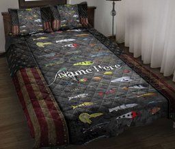 Personalized Fishing Quilt Bedding Set, Fishing Lure US Flag Quilt Blanket With Pillowcases, Custom Name Duvet Cover Set