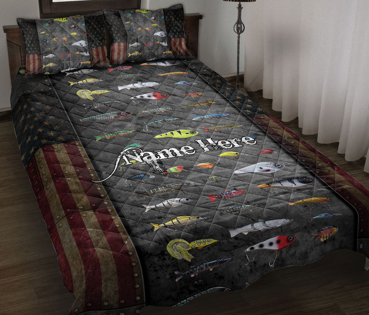Personalized Fishing Quilt Bedding Set, Fishing Lure US Flag Quilt Blanket With Pillowcases, Custom Name Duvet Cover Set
