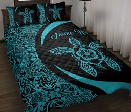Personalized Turtle Quilt Bedding Set, Turtle Hibisc USFlower Floral Blue Hawaii Quilt Blanket With Pillowcases, Custom Name Duvet Cover Set