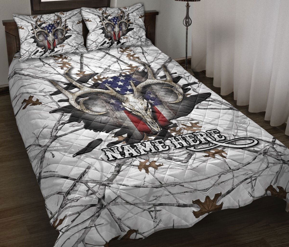 Personalized Hunting Quilt Bedding Set, Deer Hunting White Deer Hunter Quilt Blanket With Pillowcases, Custom Name Duvet Cover Set